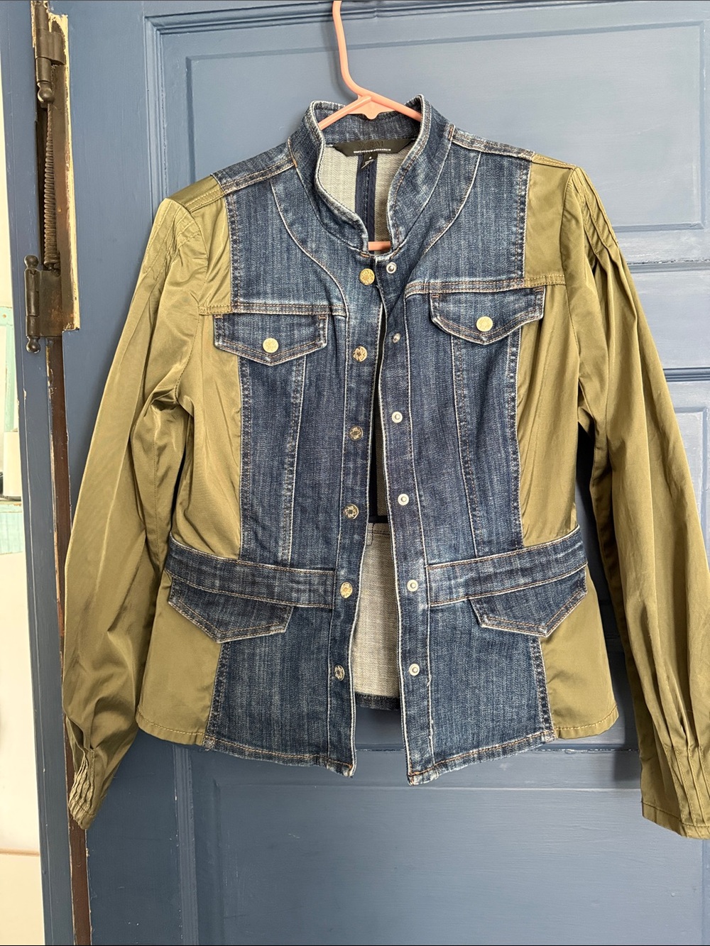 White House Black Market Denim Front with Olive Panel Utility Jacket